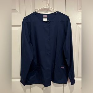 Women’s navy Cherokee scrub jacket, size medium.